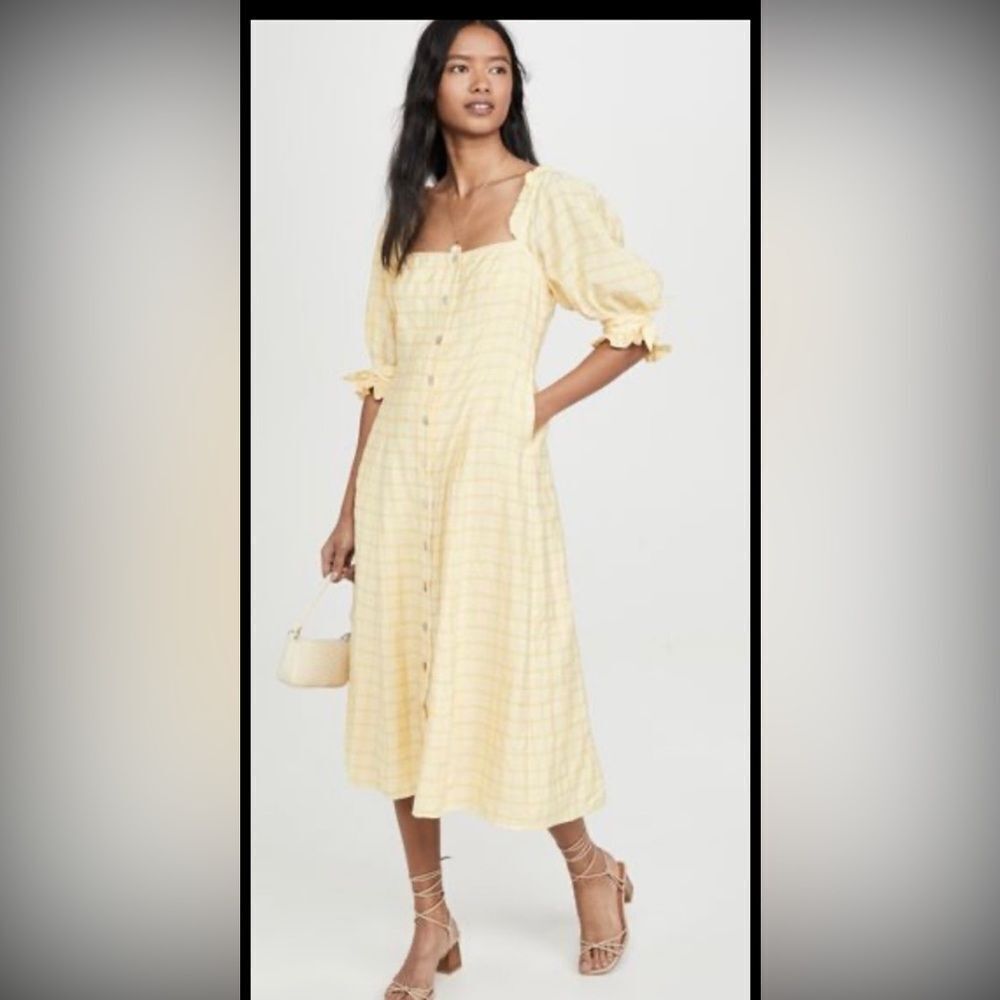 Capulet Elegant Yellow Plaid puff sleeve Midi Dress, M